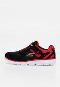 Schwarzer und roter Mesh-Sportschuh mit weißer Sohle, Klettverschluss, elastischen Schnürsenkeln, seitlichem Logo, entworfen für Komfort und Unterstützung.