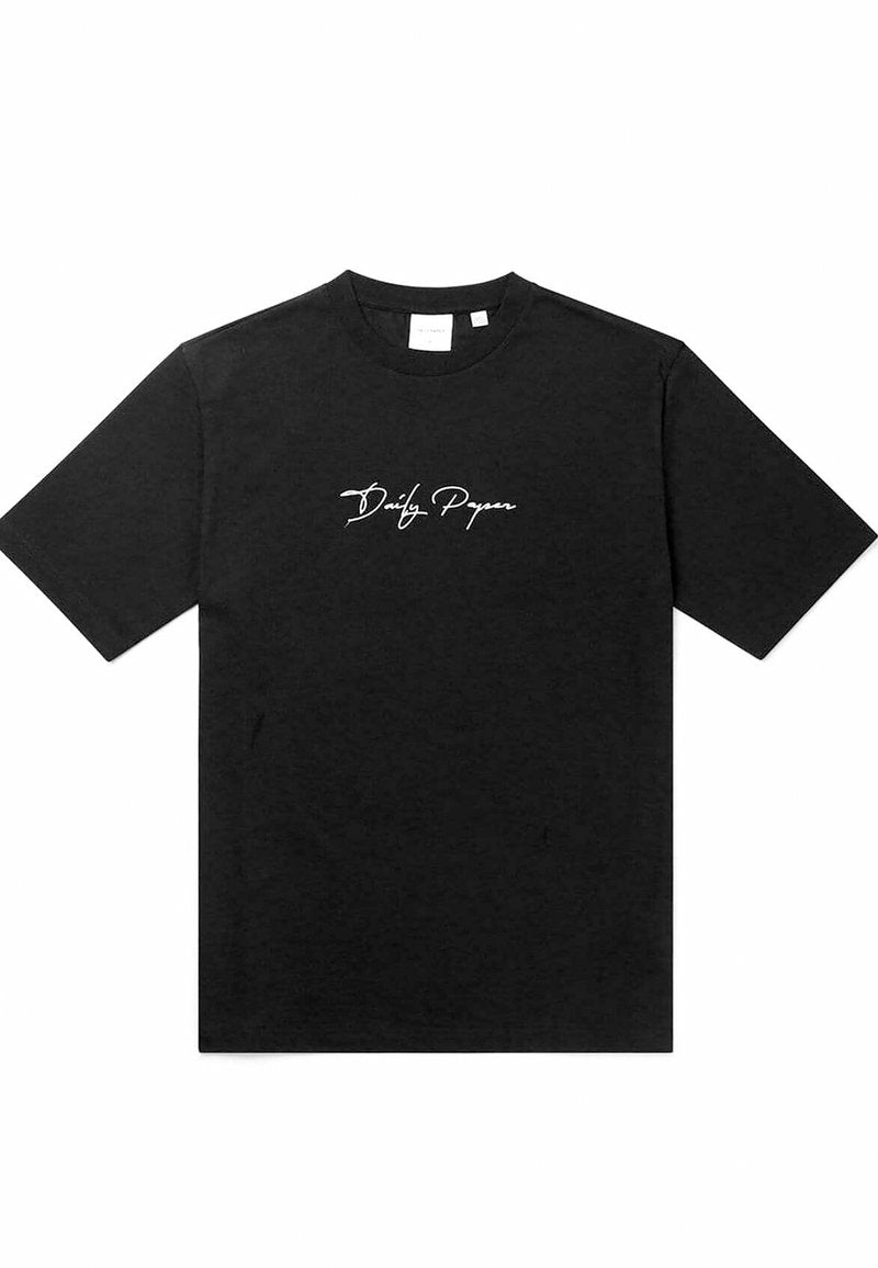 Schwarzes Baumwoll-T-Shirt mit kurzen Ärmeln, Rundhalsausschnitt und weißem, geschwungenem Text "Daily Paper" über der Brust. Glatte Textur.