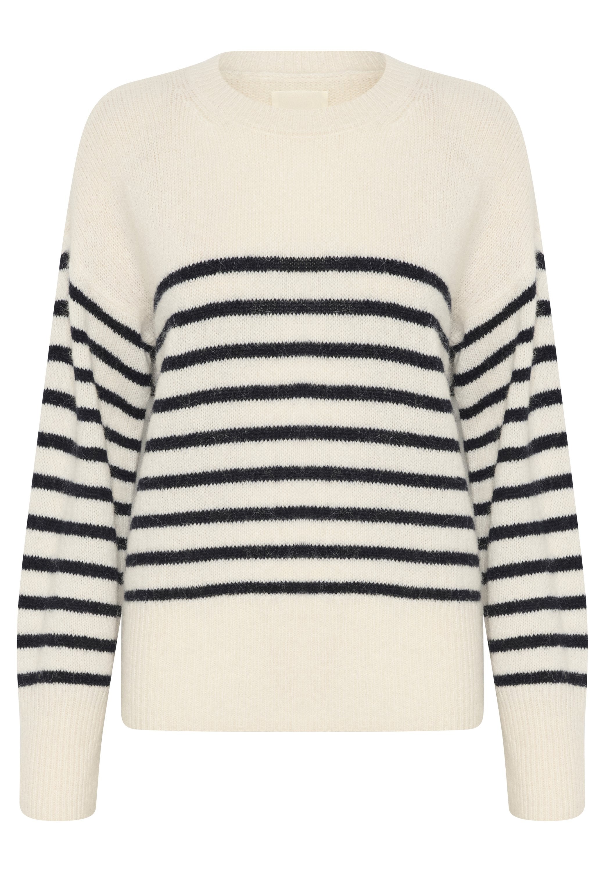 Cremfarbener Pullover mit marineblauen Streifen, runder Ausschnitt, langen Ärmeln und einem weichen, strukturierten Strickstoff. Gerade Saumlinie.