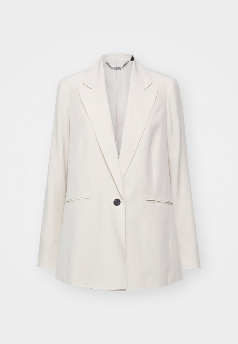 Hellbeige Blazer mit einem einzelnen schwarzen Knopf, Reverskragen, langen Ärmeln und seitlichen Taschen. Aus glattem Stoff mit minimalistischem Design gefertigt.