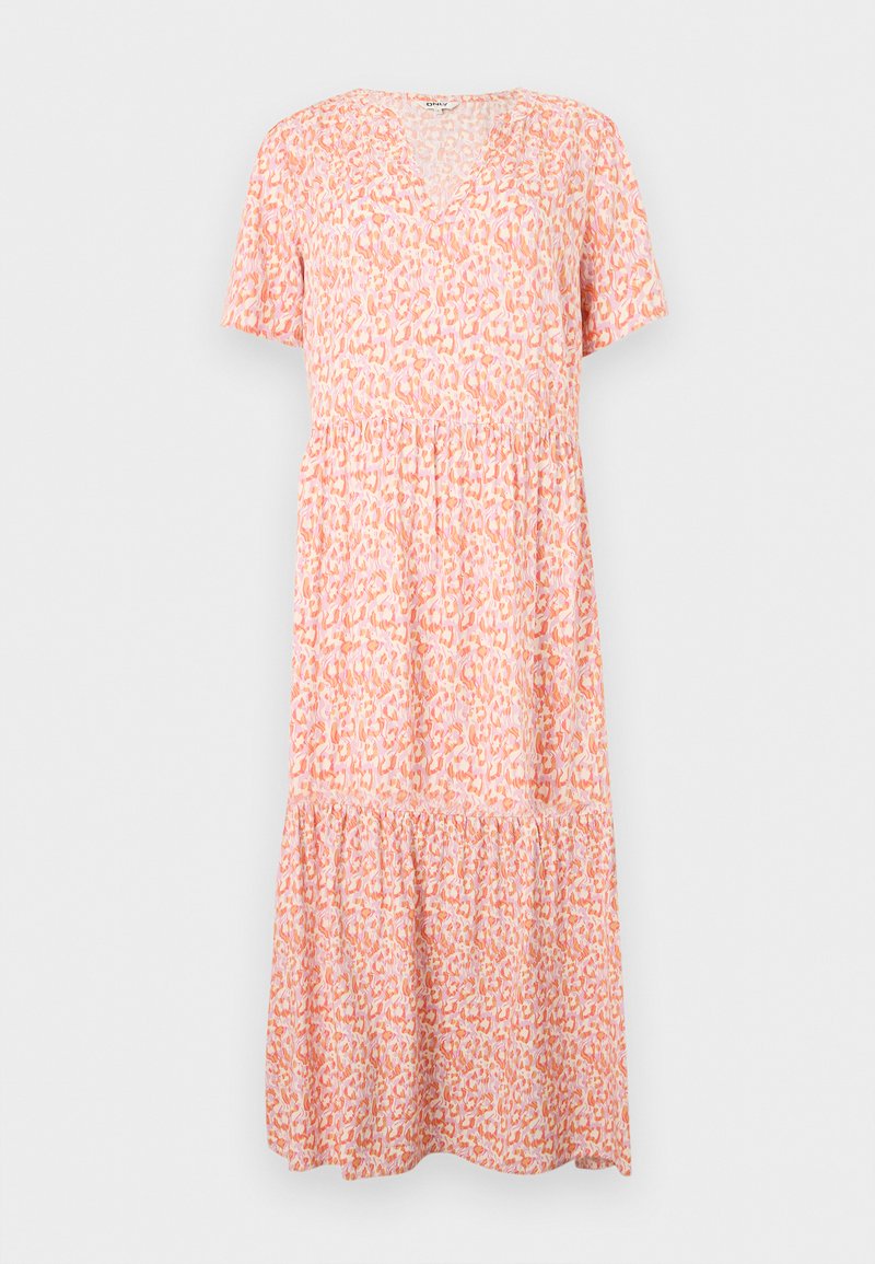Midikleid mit kurzen Ärmeln, V-Ausschnitt, geraffter Taille und pink-orangefarbenem abstraktem Leopardenmuster.