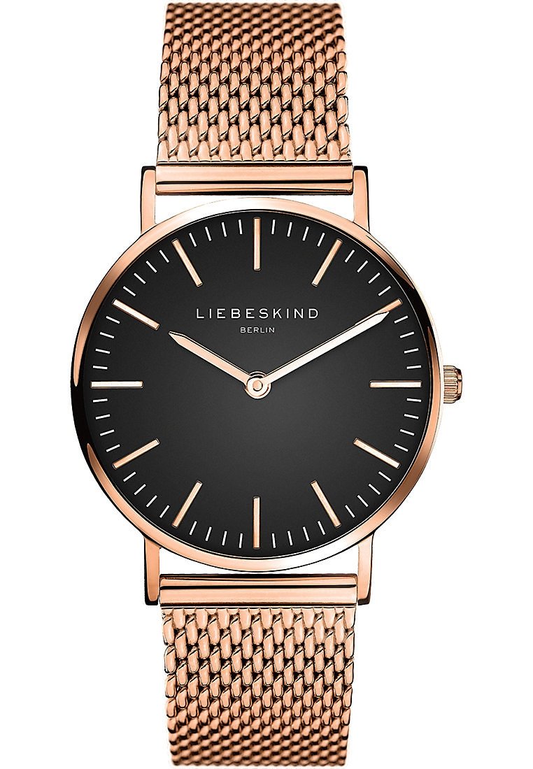 Runde schwarze Uhr mit einem roségoldenen Mesh-Armband, ausgestattet mit einfachen Stundenmarkierungen und Zeigern. Der Markenname "LIEBESKIND BERLIN" ist auf dem Zifferblatt sichtbar.