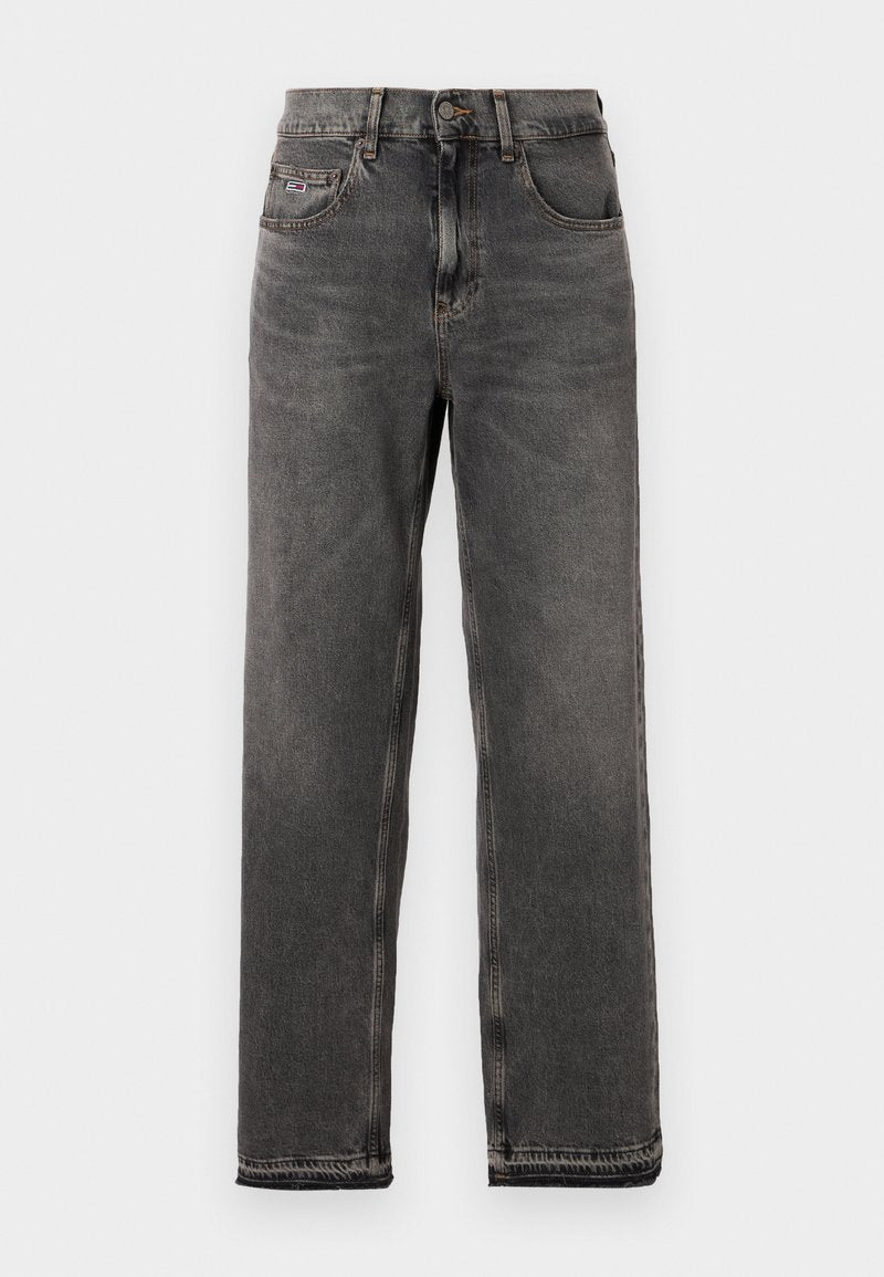 Graue Denim-Jeans mit geradem Schnitt, ausgestattet mit einem Knopf- und Reißverschluss, fünf Taschen und dezenten Stickdetails.