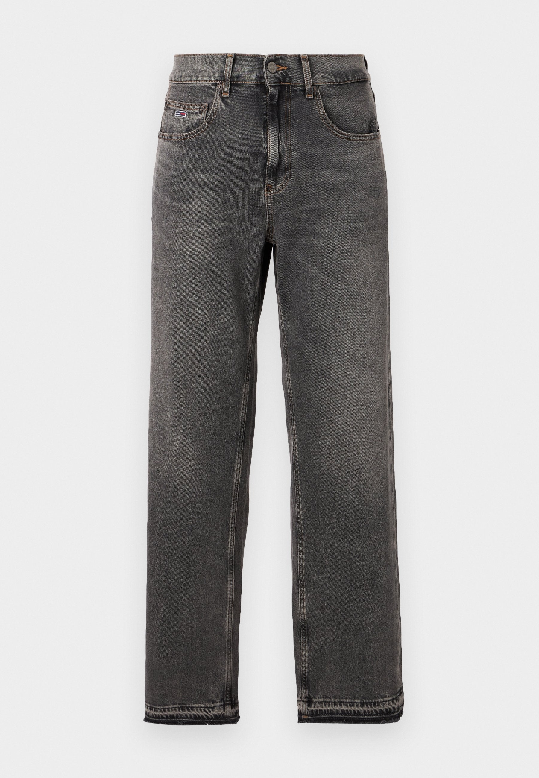 Graue Denim-Jeans mit geradem Schnitt, ausgestattet mit einem Knopf- und Reißverschluss, fünf Taschen und dezenten Stickdetails.