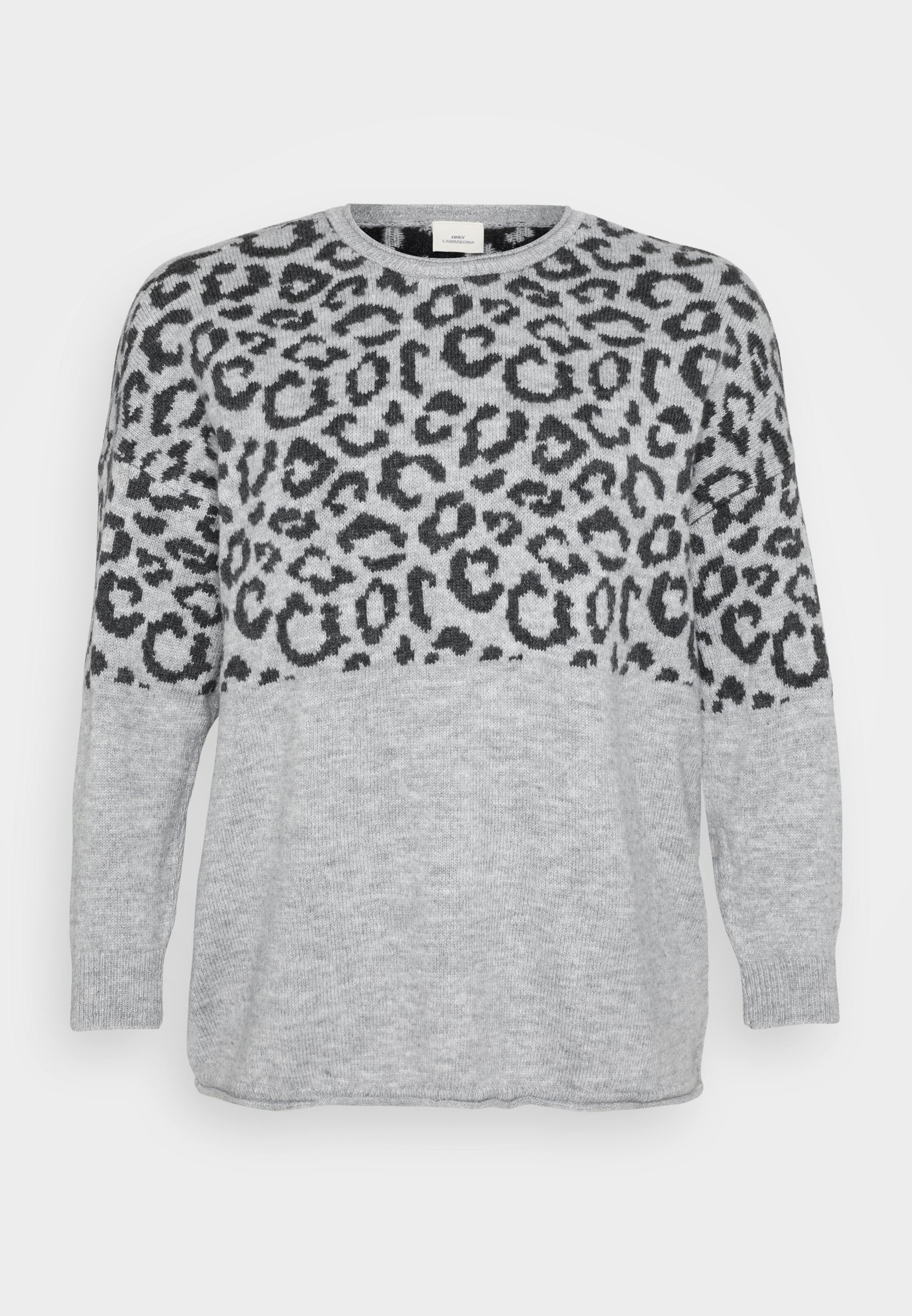 Grauer Pullover mit schwarzem Leopardenmuster im oberen Bereich, gerippter Ausschnitt und Bündchen, weiche Textur und lockere Passform.
