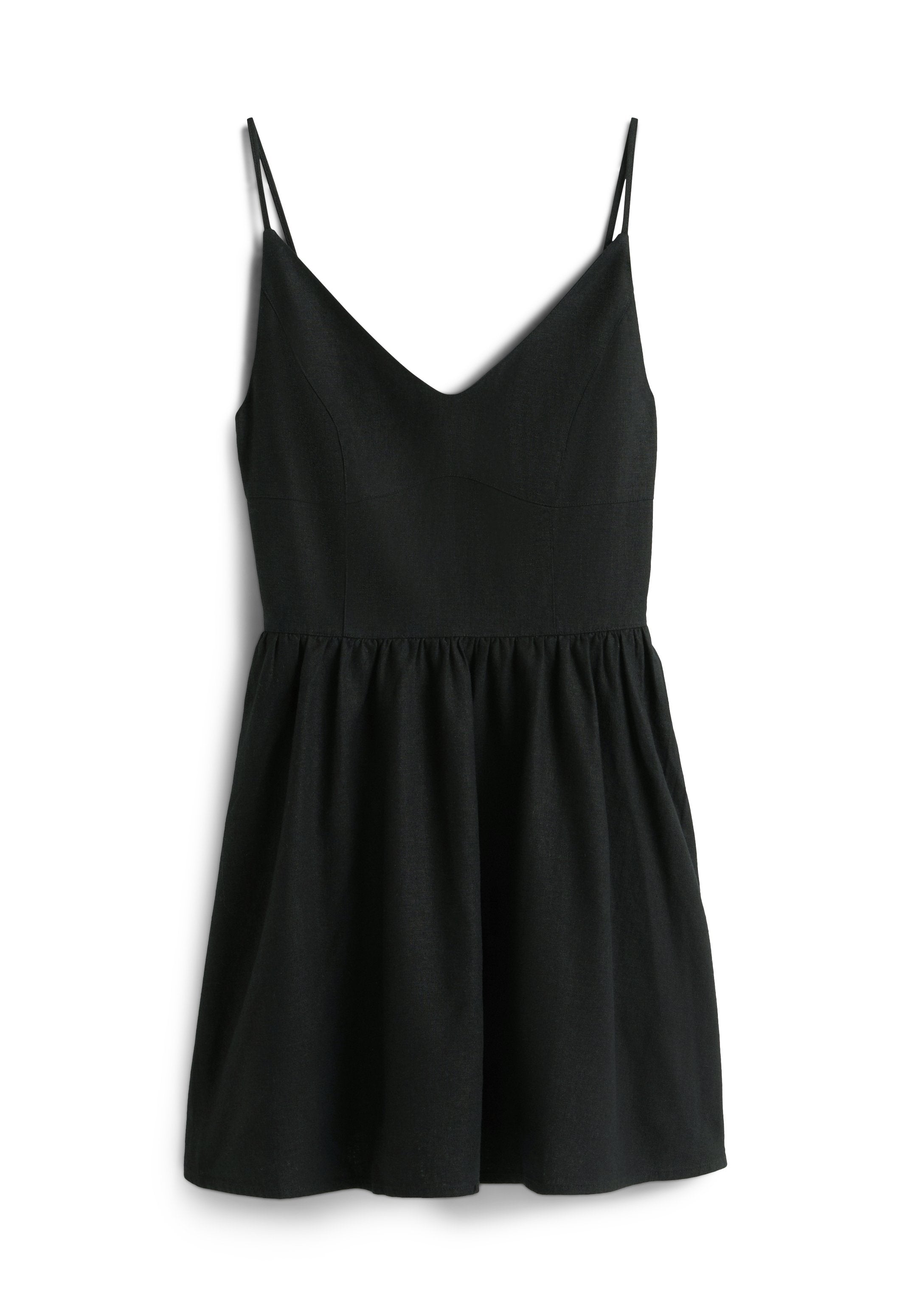 Schwarzes ärmelloses Kleid mit dünnen Schulterträgern, tailliertem Oberteil und gerafftem Rock vor weißem Hintergrund.