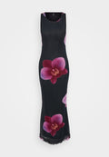 Ärmelloses schwarzes Maxikleid mit großen rosa und burgunderfarbenen Orchideenmustern. Glattes, leichtes Gewebe mit einer fließenden Silhouette und Saumdetails.