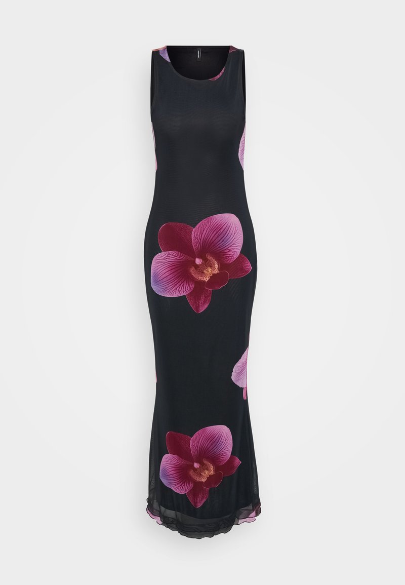 Ärmelloses schwarzes Maxikleid mit großen rosa und burgunderfarbenen Orchideenmustern. Glattes, leichtes Gewebe mit einer fließenden Silhouette und Saumdetails.