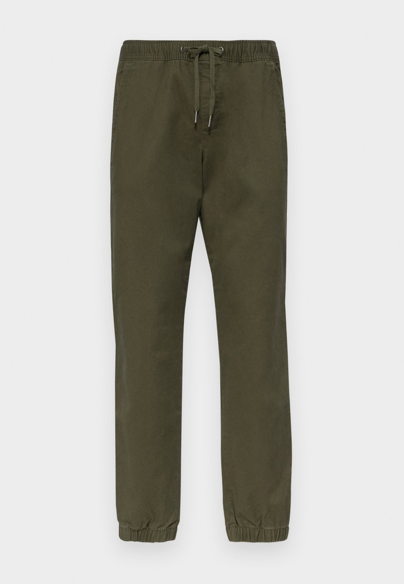 Olivgrüne Baumwollmischungshose mit elastischem Bund, Kordelzugverschluss und schmal zulaufenden Beinen mit elastischen Bündchen. Glatte Textur, keine Muster.
