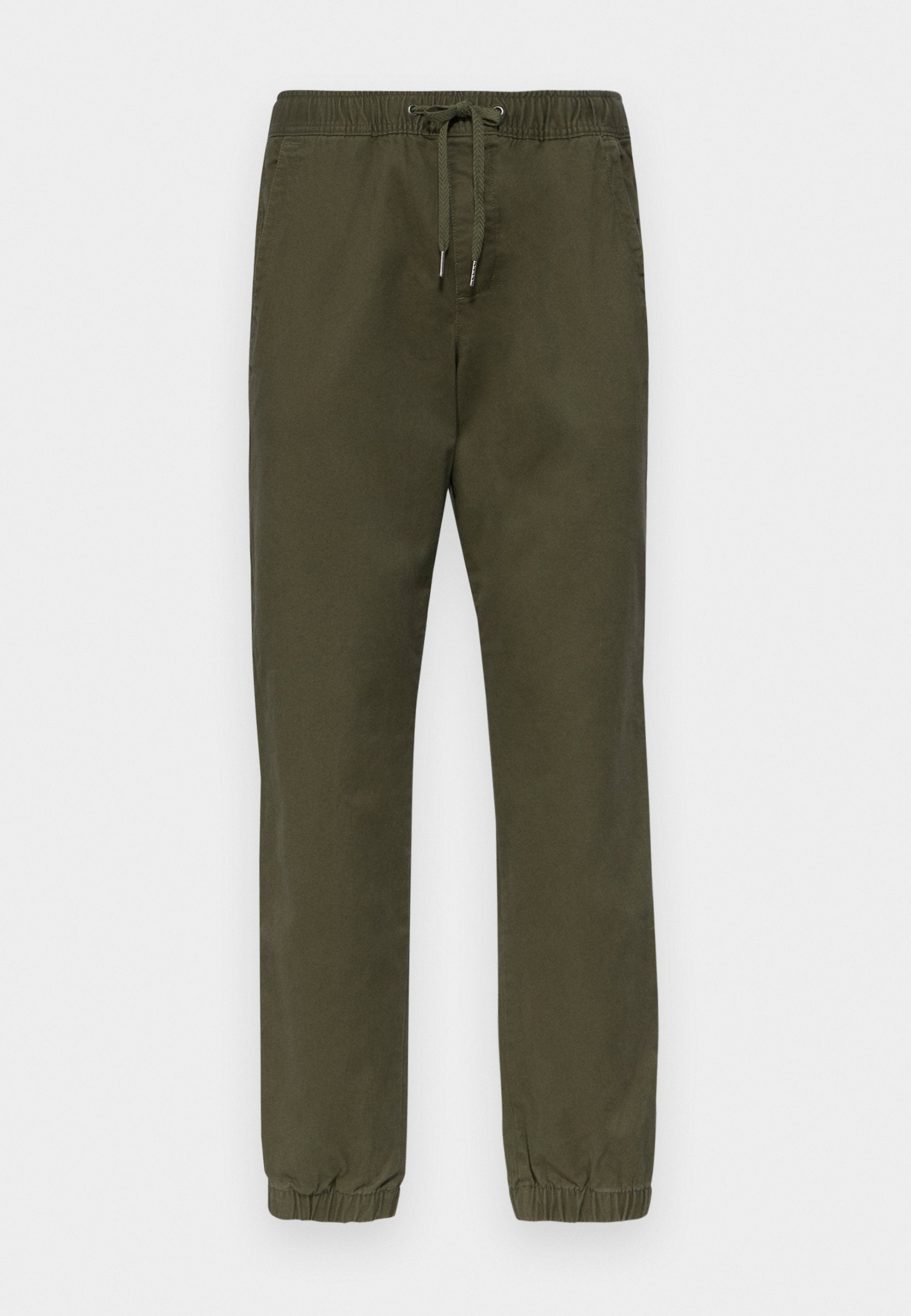 Olivgrüne Baumwollmischungshose mit elastischem Bund, Kordelzugverschluss und schmal zulaufenden Beinen mit elastischen Bündchen. Glatte Textur, keine Muster.