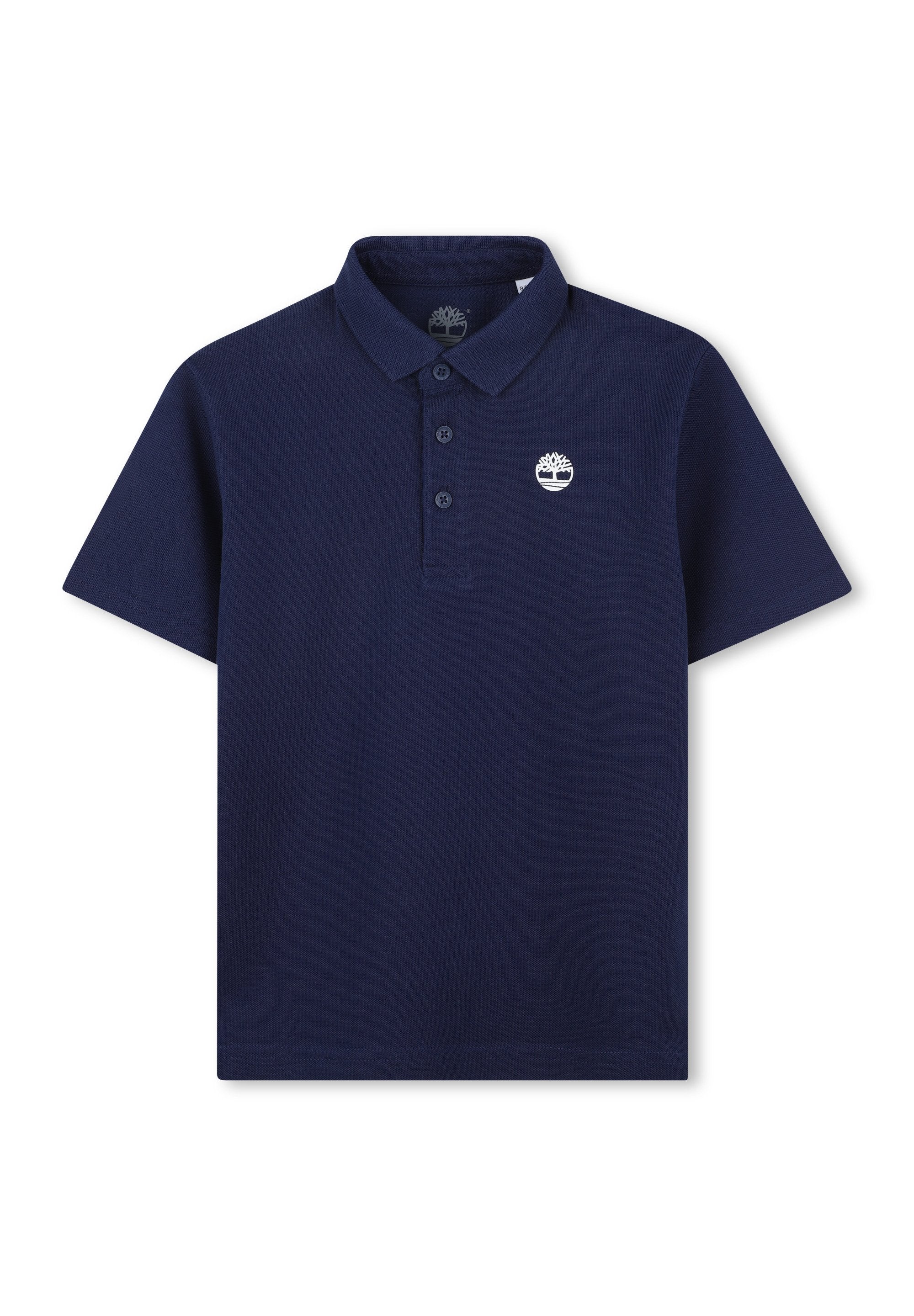 Marineblaues Poloshirt, Baumwollmischung, kurze Ärmel, Zwei-Knopf-Blende, gesticktes Logo auf der Brust, strukturierter Stoff.