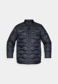 Gepolsterte Außenjacke in Dunkelblau mit einem gesteppten Design mit runden Mustern, Druckknopfverschluss und Kragen.