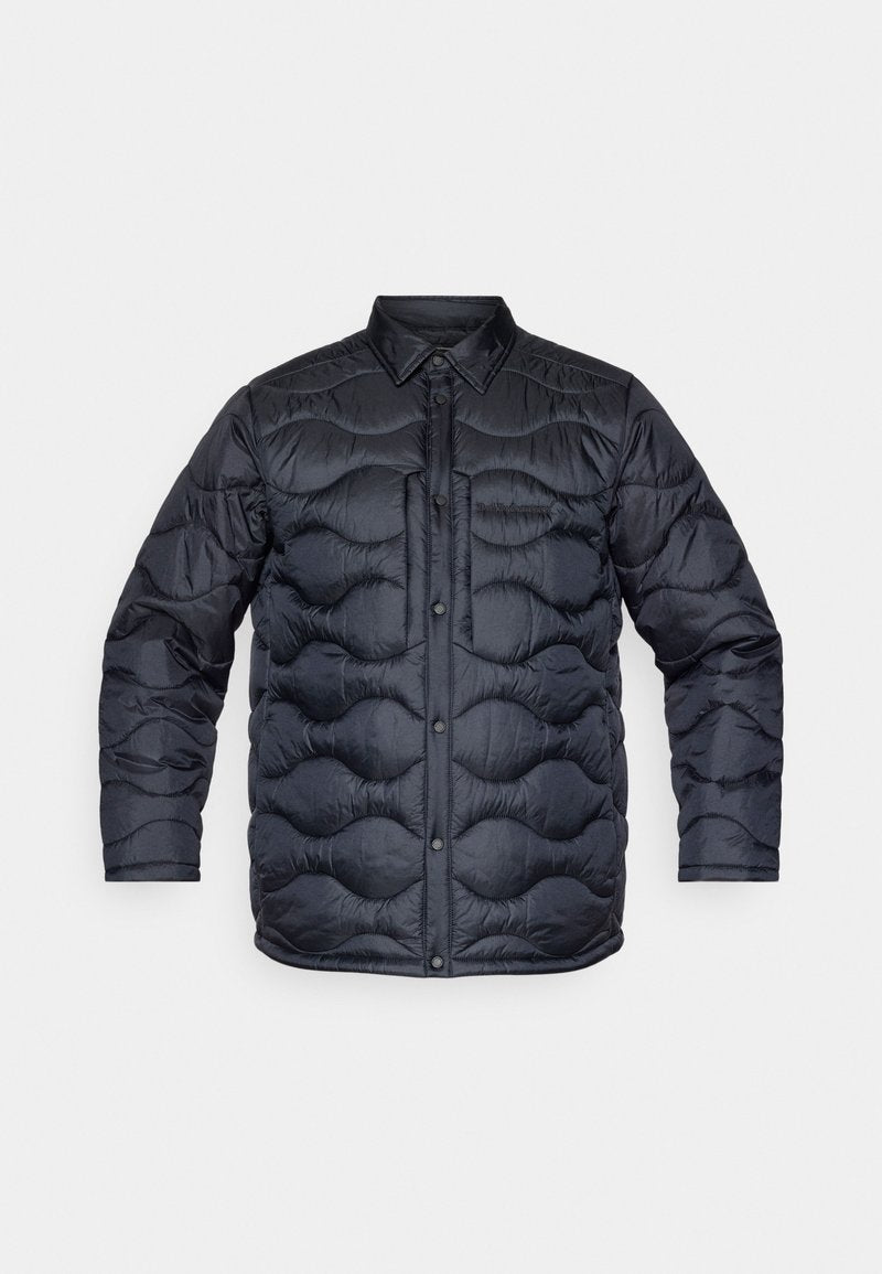 Gepolsterte Außenjacke in Dunkelblau mit einem gesteppten Design mit runden Mustern, Druckknopfverschluss und Kragen.