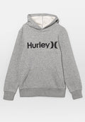 Grauer Kapuzenpullover aus weichem Stoff, mit einer Kängurutasche und einem großen schwarzen "Hurley"-Logo über der Brust.