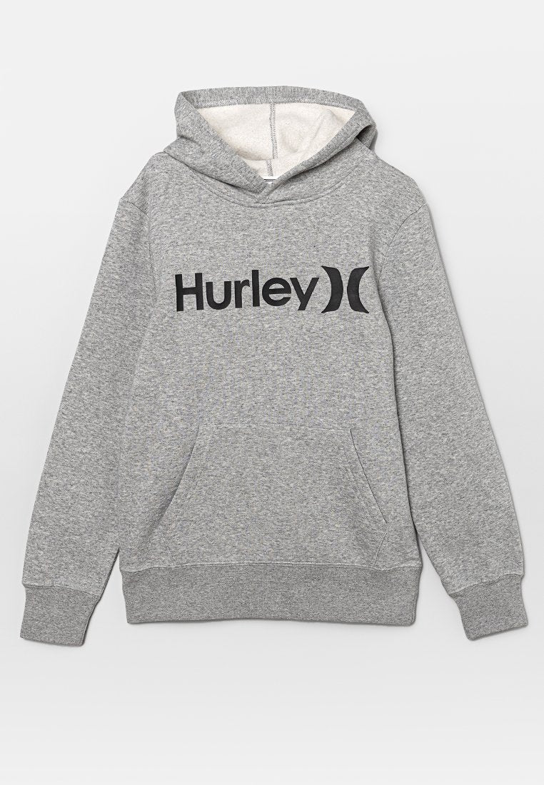 Grauer Kapuzenpullover aus weichem Stoff, mit einer Kängurutasche und einem großen schwarzen "Hurley"-Logo über der Brust.