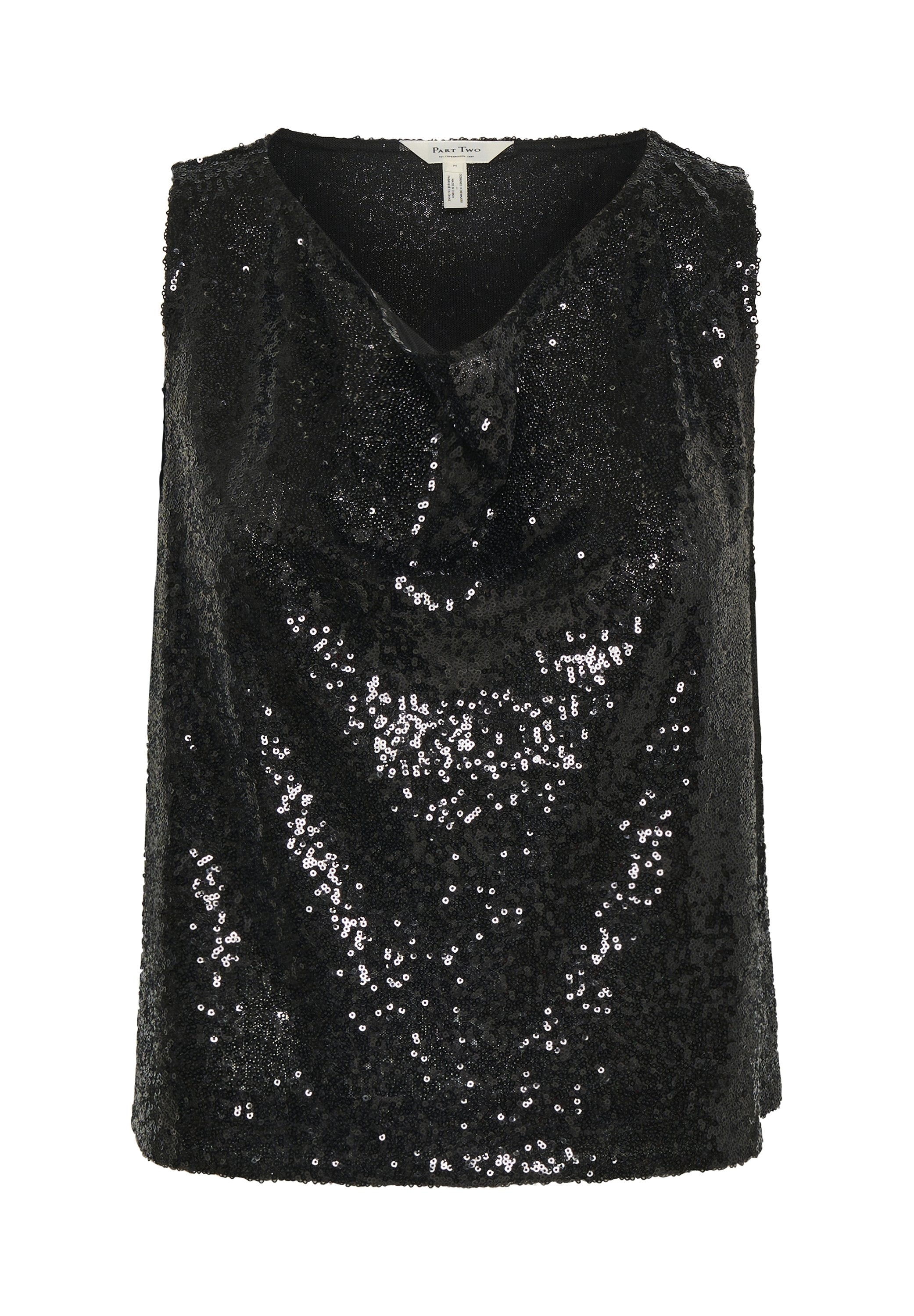 Schwarzes ärmelloses Top mit V-Ausschnitt und drapiertem Design, bedeckt mit glänzenden Pailletten, die das Licht reflektieren und eine strukturierte Oberfläche erzeugen.