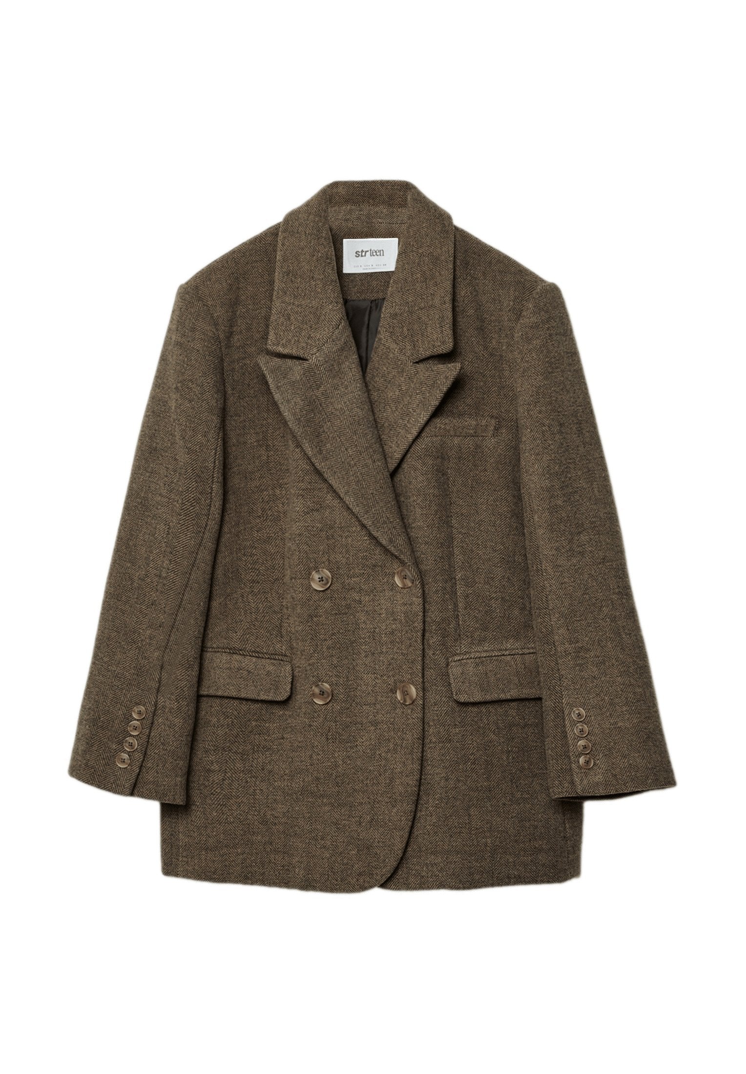 Brauner Tweed-Doppelreiher-Blazer mit Reverskragen, zwei Fronttaschen und sechs Knopfakzenten an den Ärmeln. Strukturierter, texturierter Entwurf.