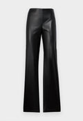 Schwarze Leder-Hosen mit weitem Bein und glatter Textur, ausgestattet mit einem hohen Taillenbund und einem schlichten Design, das oben schmal zuläuft und zum Saum hin breiter wird.