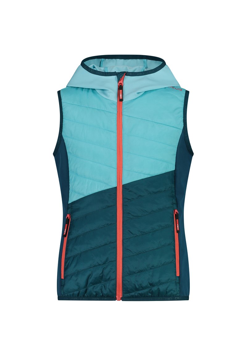 Kapuzenveste mit einem tealfarbenen und dunkelgrünen Farbschema, gestepptem Material und kontrastierenden orangefarbenen Reißverschluss- und Taschenakzenten.