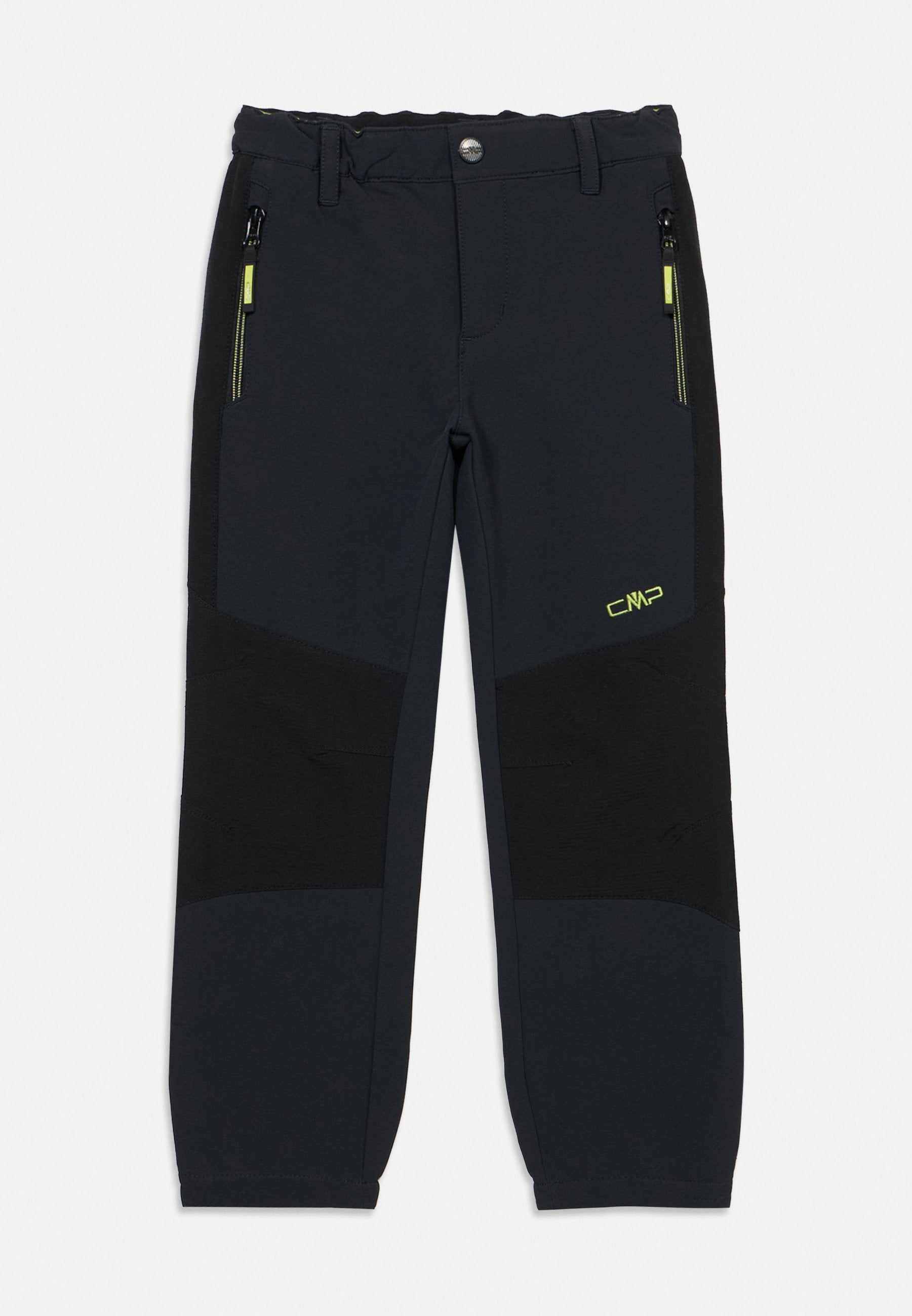 Schwarze Outdoor-Hose mit Reißverschlusstaschen an den Seiten, verstärkten Knie-Einsätzen, Gürtelschlaufen und gelbem CMP-Logo am rechten Oberschenkel.