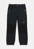 Schwarze Outdoor-Hose mit Reißverschlusstaschen an den Seiten, verstärkten Knie-Einsätzen, Gürtelschlaufen und gelbem CMP-Logo am rechten Oberschenkel.