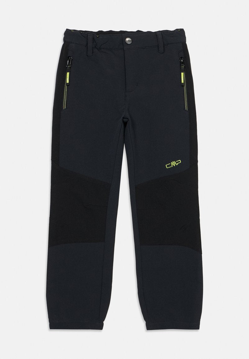 Schwarze Outdoor-Hose mit Reißverschlusstaschen an den Seiten, verstärkten Knie-Einsätzen, Gürtelschlaufen und gelbem CMP-Logo am rechten Oberschenkel.