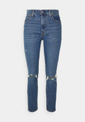 Blaue Jeans aus Denim mit geradem Bein, hoher Taille, abgerissenen Knien und kontrastierendem Nähgarn. Verfügt über fünf Taschen und einen Metallknopfverschluss.