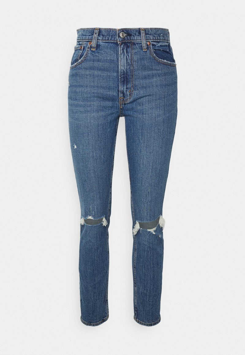 Blaue Jeans aus Denim mit geradem Bein, hoher Taille, abgerissenen Knien und kontrastierendem Nähgarn. Verfügt über fünf Taschen und einen Metallknopfverschluss.