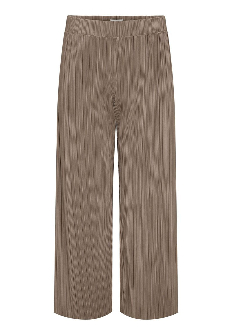 Braune, plissierte, weit geschnittene Hose mit elastischem Bund, aus leichtem Stoff gefertigt.