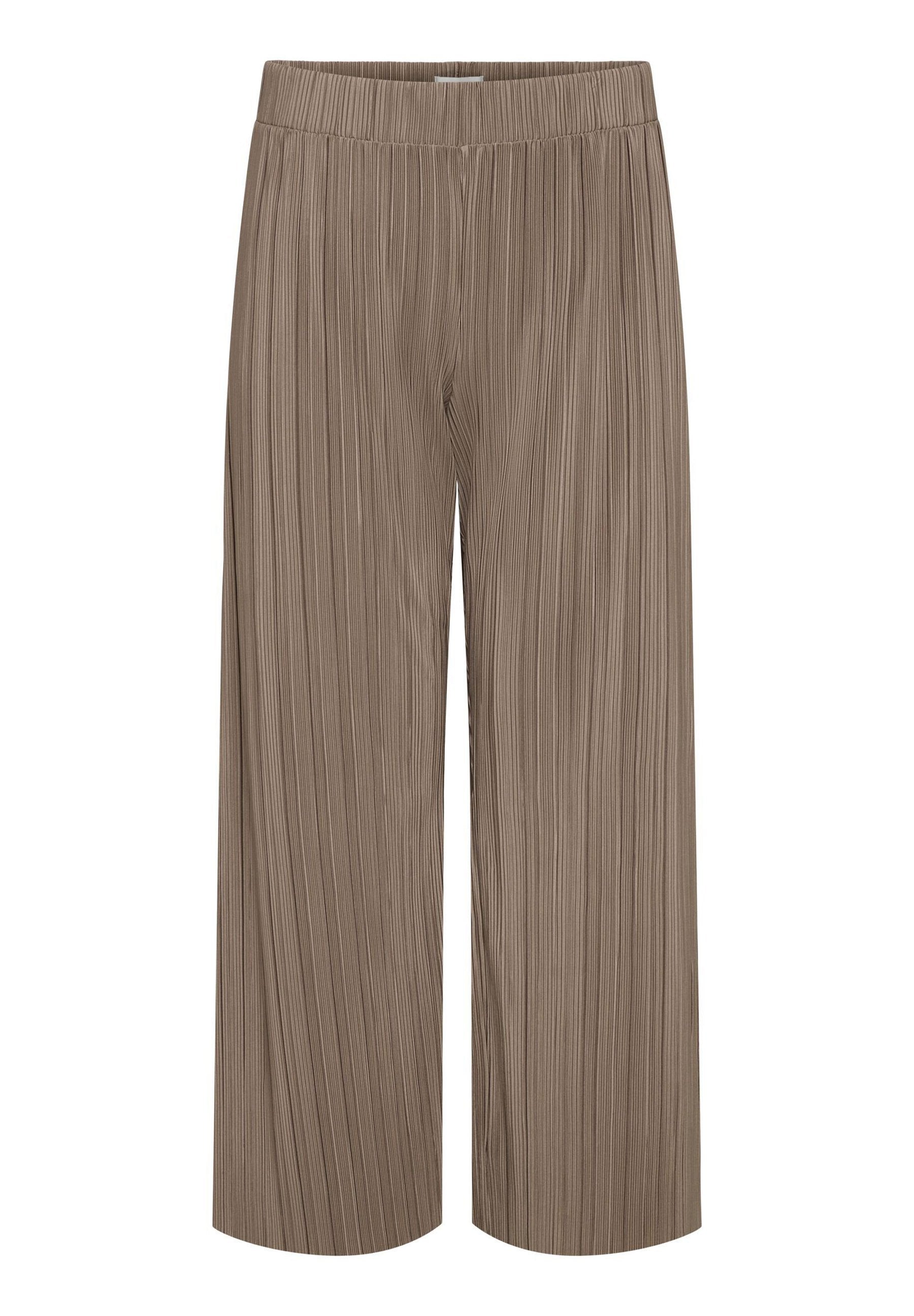 Braune, plissierte, weit geschnittene Hose mit elastischem Bund, aus leichtem Stoff gefertigt.