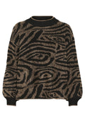 Strickpullover in Braun und Schwarz, mit einem abstrakten Wirbelmuster, rundem Halsausschnitt und gerippten Bündchen. Weicher Stoff mit lockerer Passform.