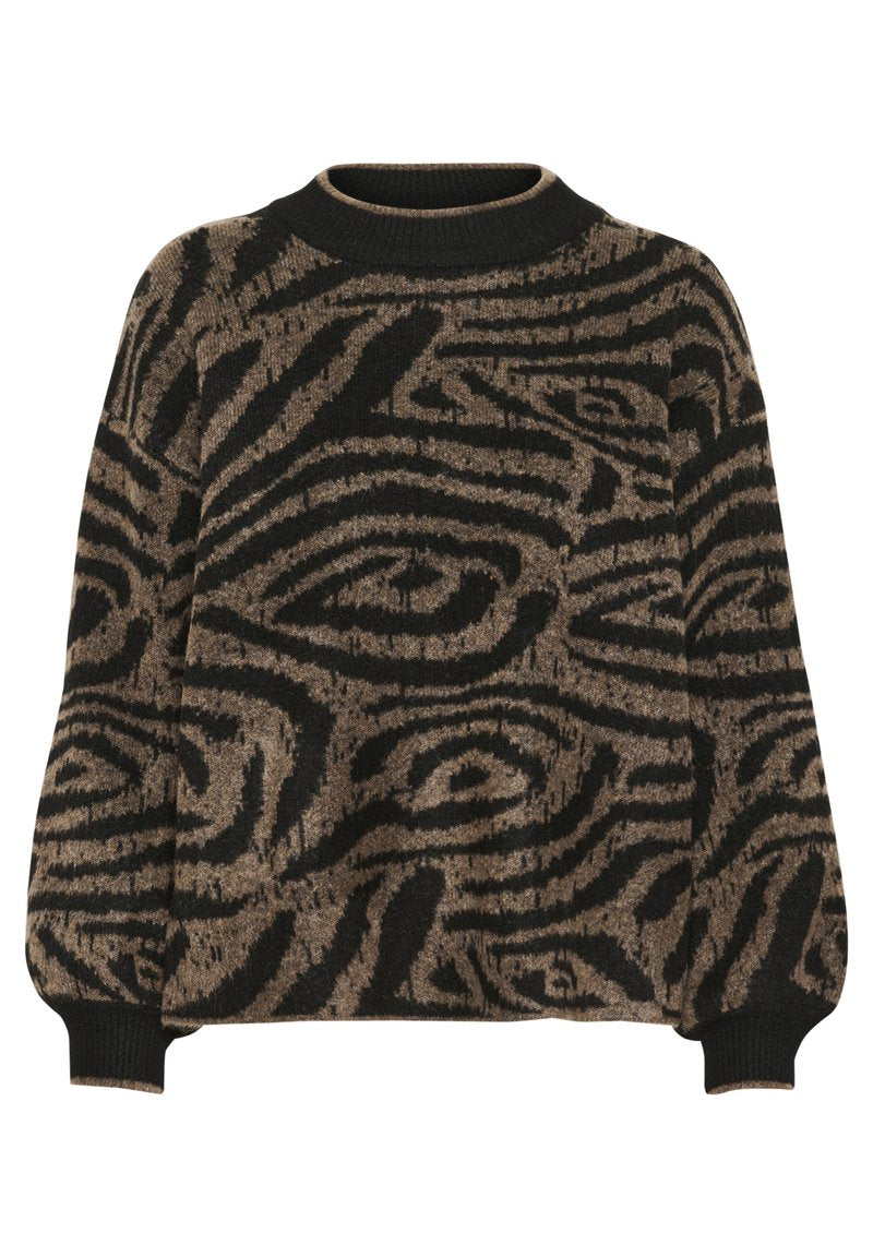Strickpullover in Braun und Schwarz, mit einem abstrakten Wirbelmuster, rundem Halsausschnitt und gerippten Bündchen. Weicher Stoff mit lockerer Passform.