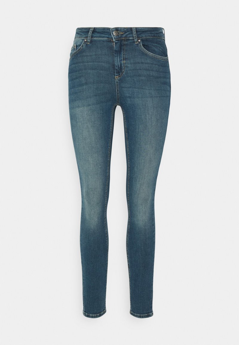Schmale Jeans aus Denim in einer mittleren blauen Wäsche, mit einem standardmäßigen Knopfverschluss, fünf Taschen-Design und dezenten Verblassungsbereichen.