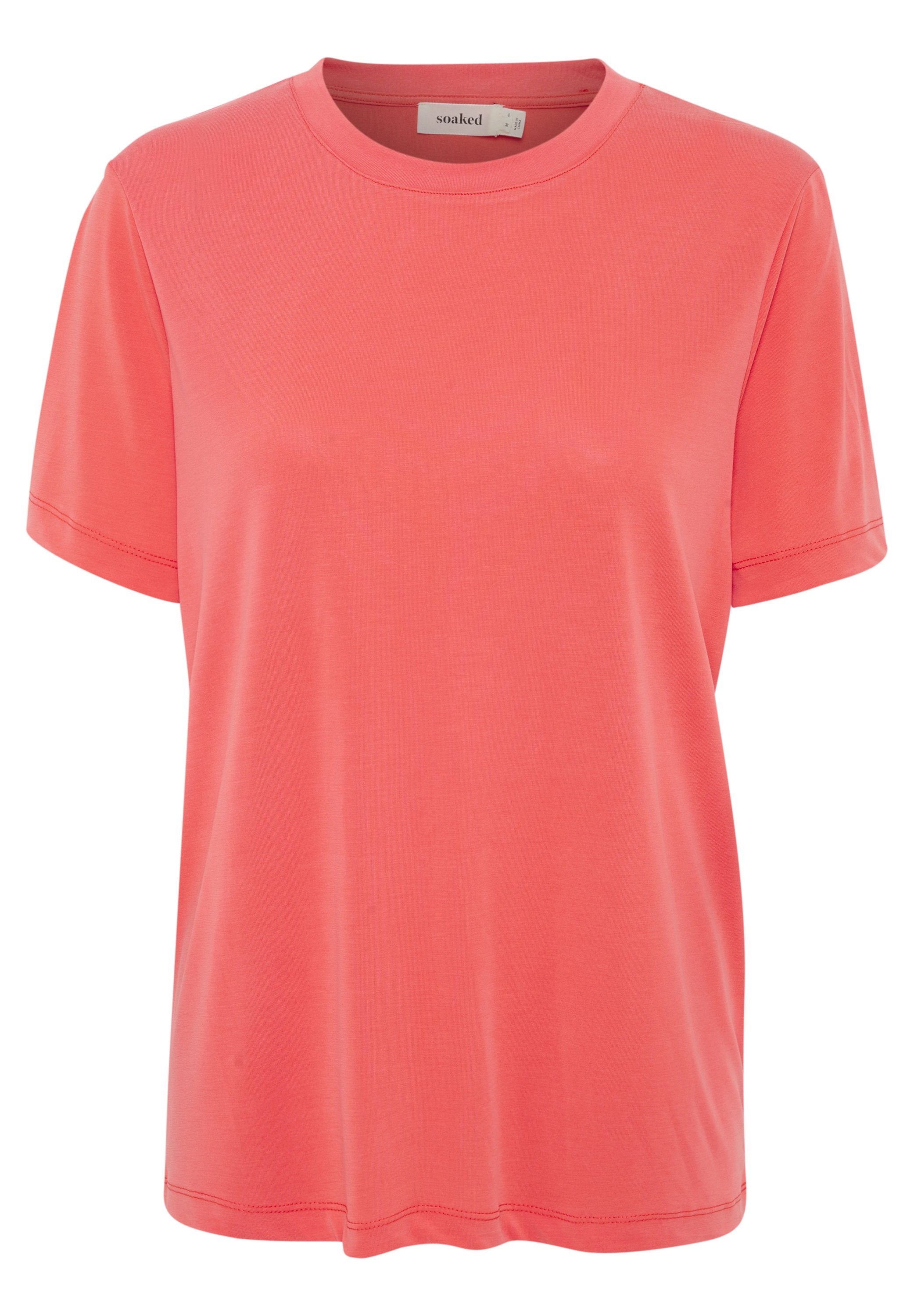 Korallefarbener T-Shirt mit kurzen Ärmeln, aus weichem Stoff gefertigt, mit rundem Halsausschnitt und lockerer Passform sowie sichtbaren Nahtdetails.
