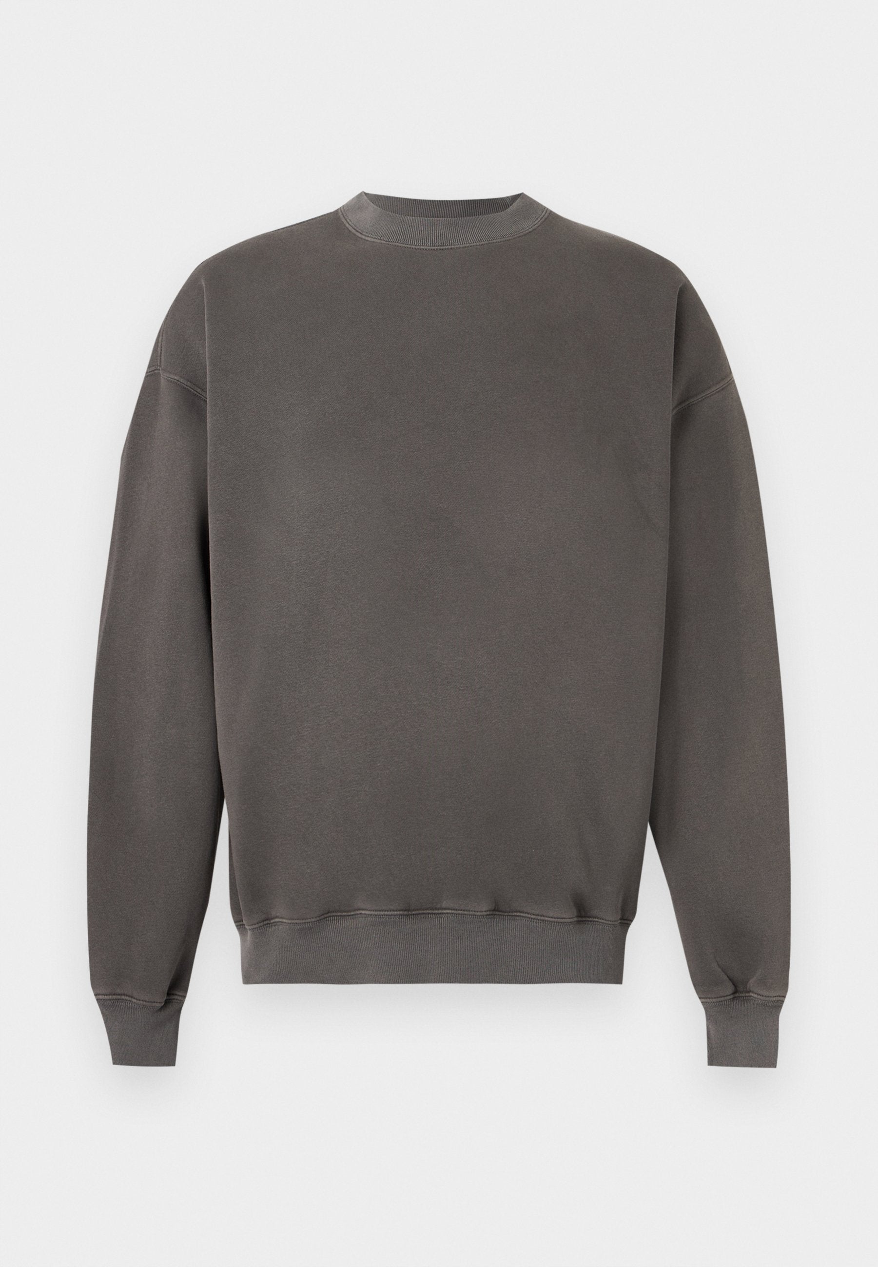 Schlichter dunkelgrauer Langarm-Sweatshirt mit geripptem Rundhalsausschnitt, Bündchen und Saum, dargestellt auf weißem Hintergrund.