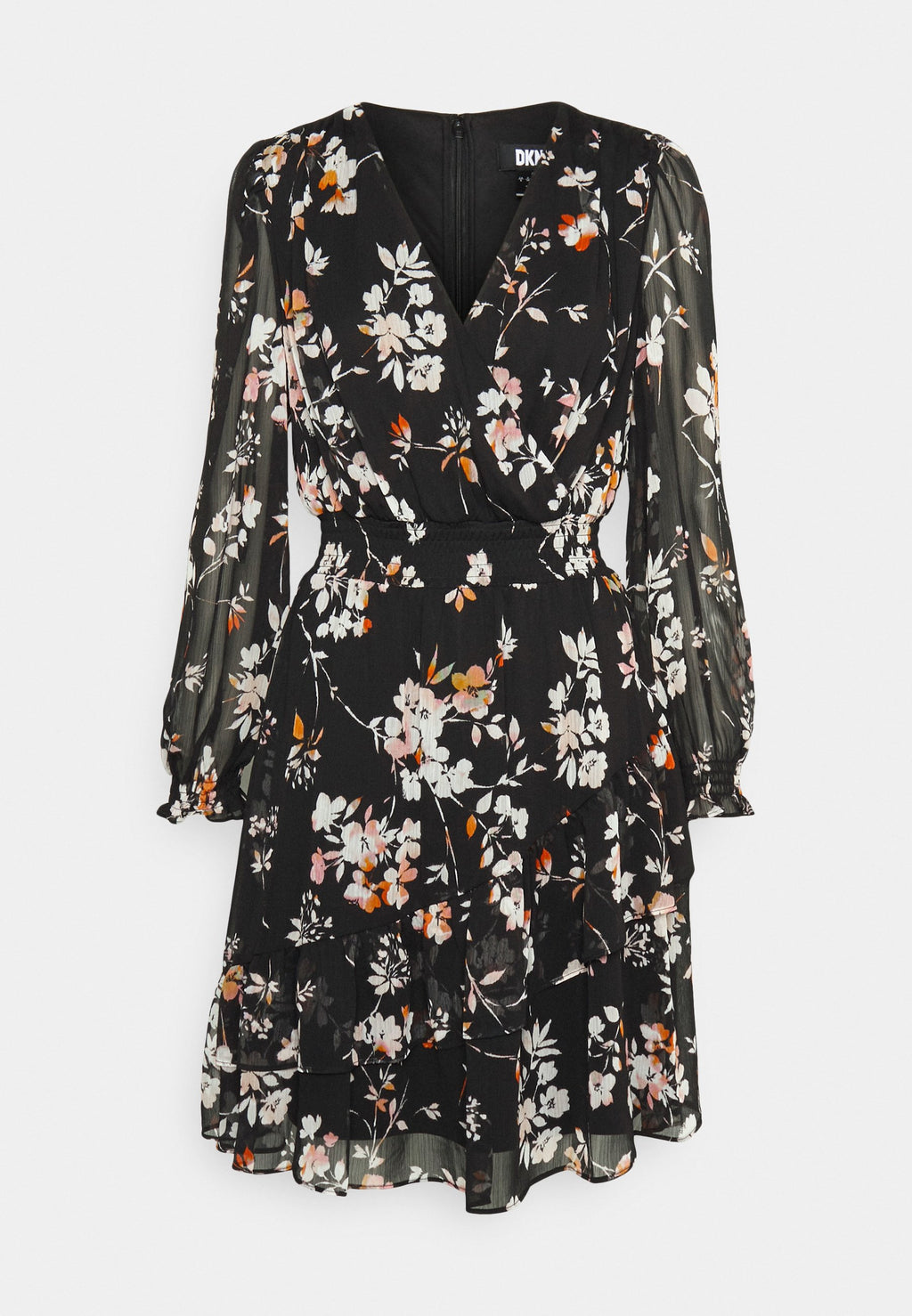 DKNY V NECK DRESS WITH ASYMMETRIC RUFFLE HEM