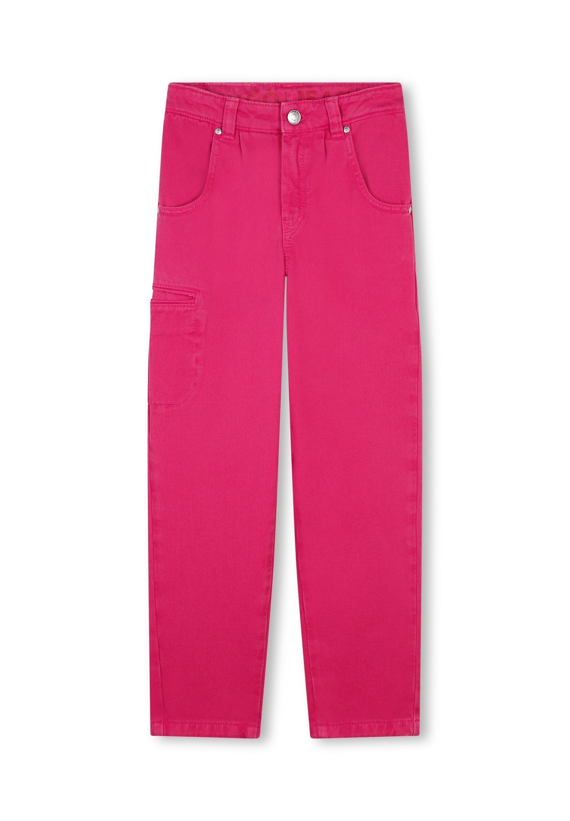 Rosa Denim-Hosen mit geradem Bein, zwei vorderen Taschen und einer seitlichen Cargo-Tasche. Glatter Stoff mit robuster Naht.
