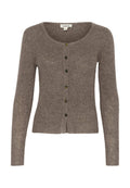 Brauner, gestrickter Cardigan mit rundem Ausschnitt, langen Ärmeln und sechs dunklen Knöpfen auf der Vorderseite. Weiche Textur und taillierte Passform.