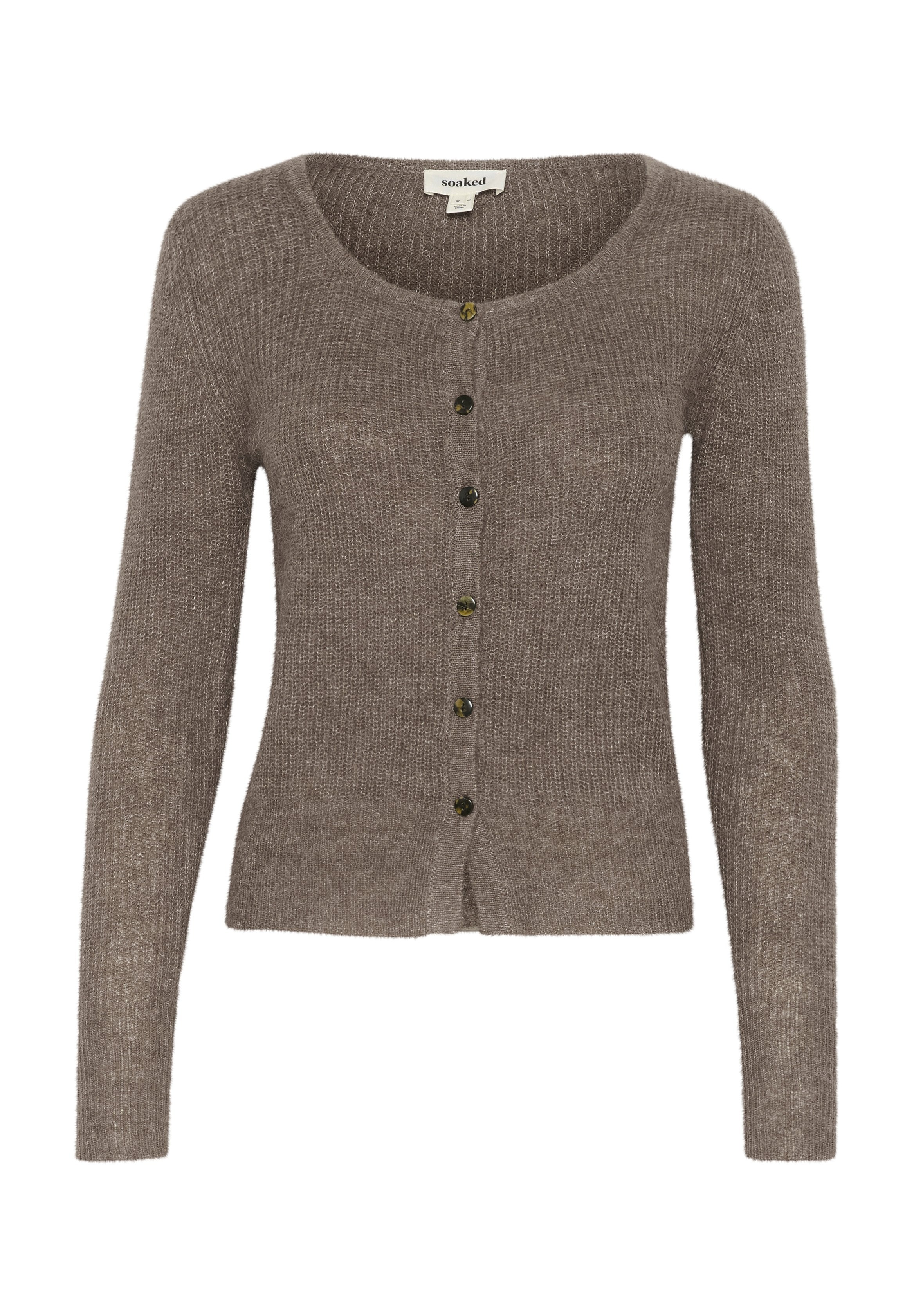 Brauner, gestrickter Cardigan mit rundem Ausschnitt, langen Ärmeln und sechs dunklen Knöpfen auf der Vorderseite. Weiche Textur und taillierte Passform.