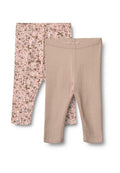 Set aus zwei Leggings: eine einfarbige beige, eine pink mit Blumenmuster. Weicher Stoff, elastischer Bund, knöchellanges Design.