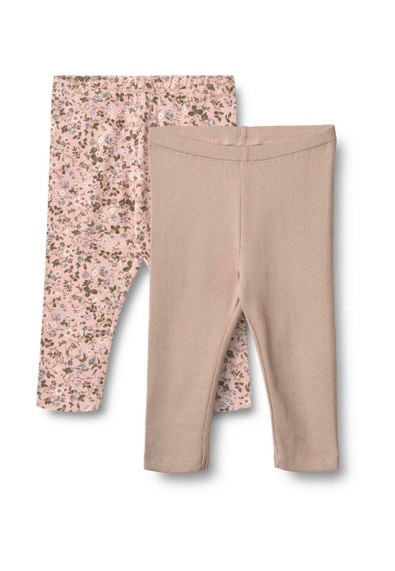 Set aus zwei Leggings: eine einfarbige beige, eine pink mit Blumenmuster. Weicher Stoff, elastischer Bund, knöchellanges Design.