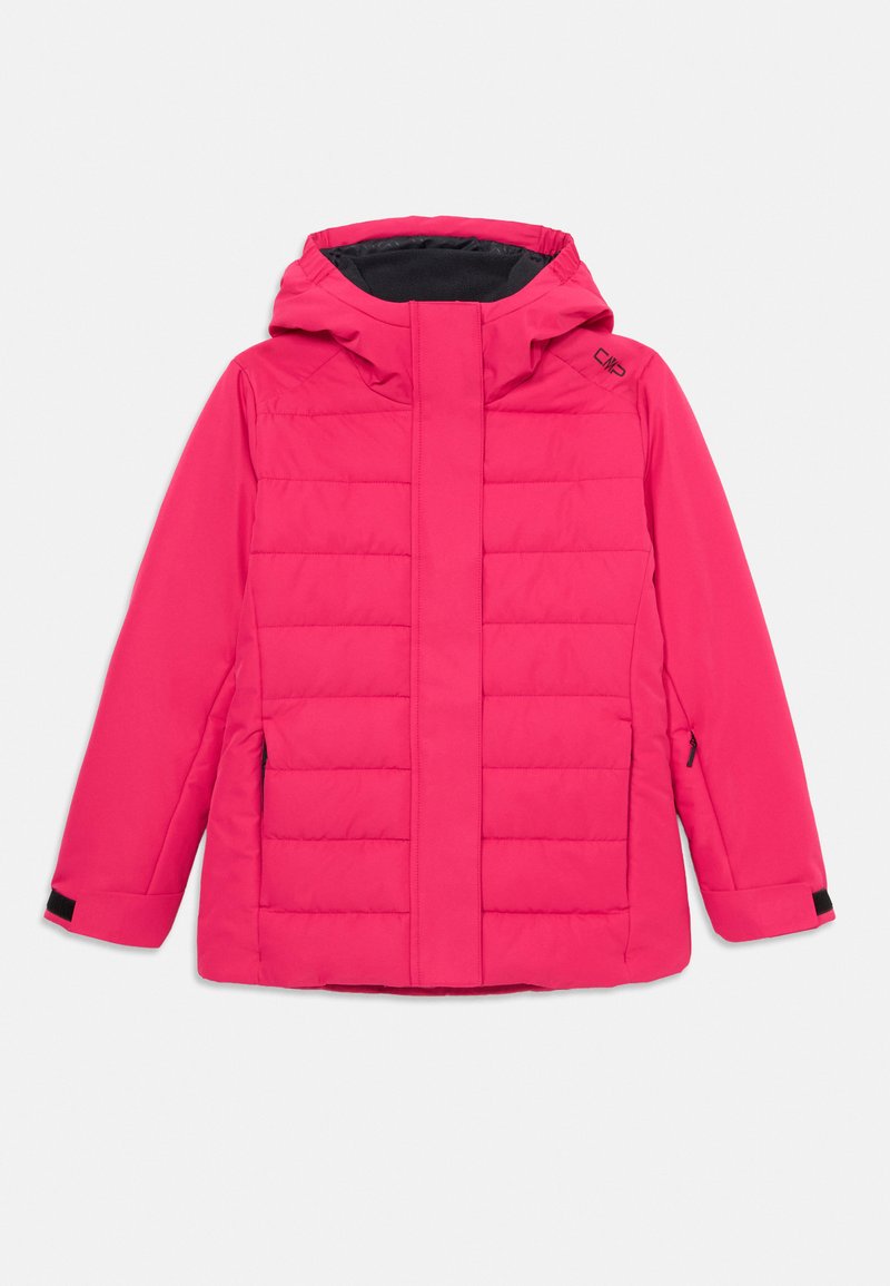 Hellpink gepolsterte Winterjacke mit Kapuze, Frontreißverschluss, der von einer Blende bedeckt ist, verstellbaren Bündchen und seitlichen Reißverschlusstaschen.
