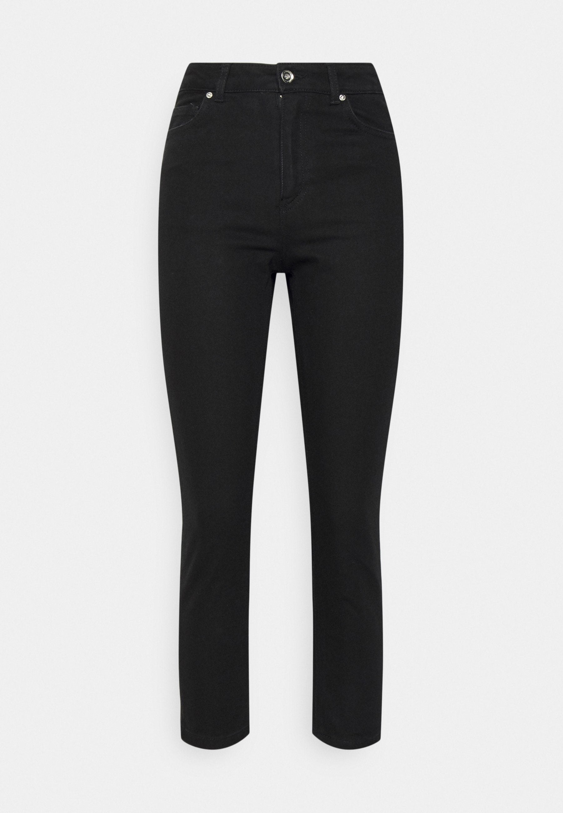 Schwarze Denim-Jeans mit einem figurnahen Design, ausgestattet mit einem Reißverschluss, Vordertaschen und einer glatten Textur. Mittelhoher Bund, gerade Beinform.