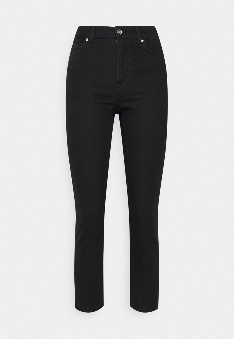 Schwarze Denim-Jeans mit einem figurnahen Design, ausgestattet mit einem Reißverschluss, Vordertaschen und einer glatten Textur. Mittelhoher Bund, gerade Beinform.