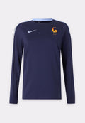 Marineblaues Langarm-Sportshirt mit hellblauem Kragenstreifen, Nike-Logo auf der rechten Brust und gelbem Hahn-Emblem mit zwei Sternen auf der linken Brust.