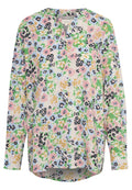 Blumenlangarmshirt aus weichem Stoff. Mit V-Ausschnitt, Pastellfarben (rosa, blau, grün) und einem durchgehenden Blumenmuster. Lockere Passform.