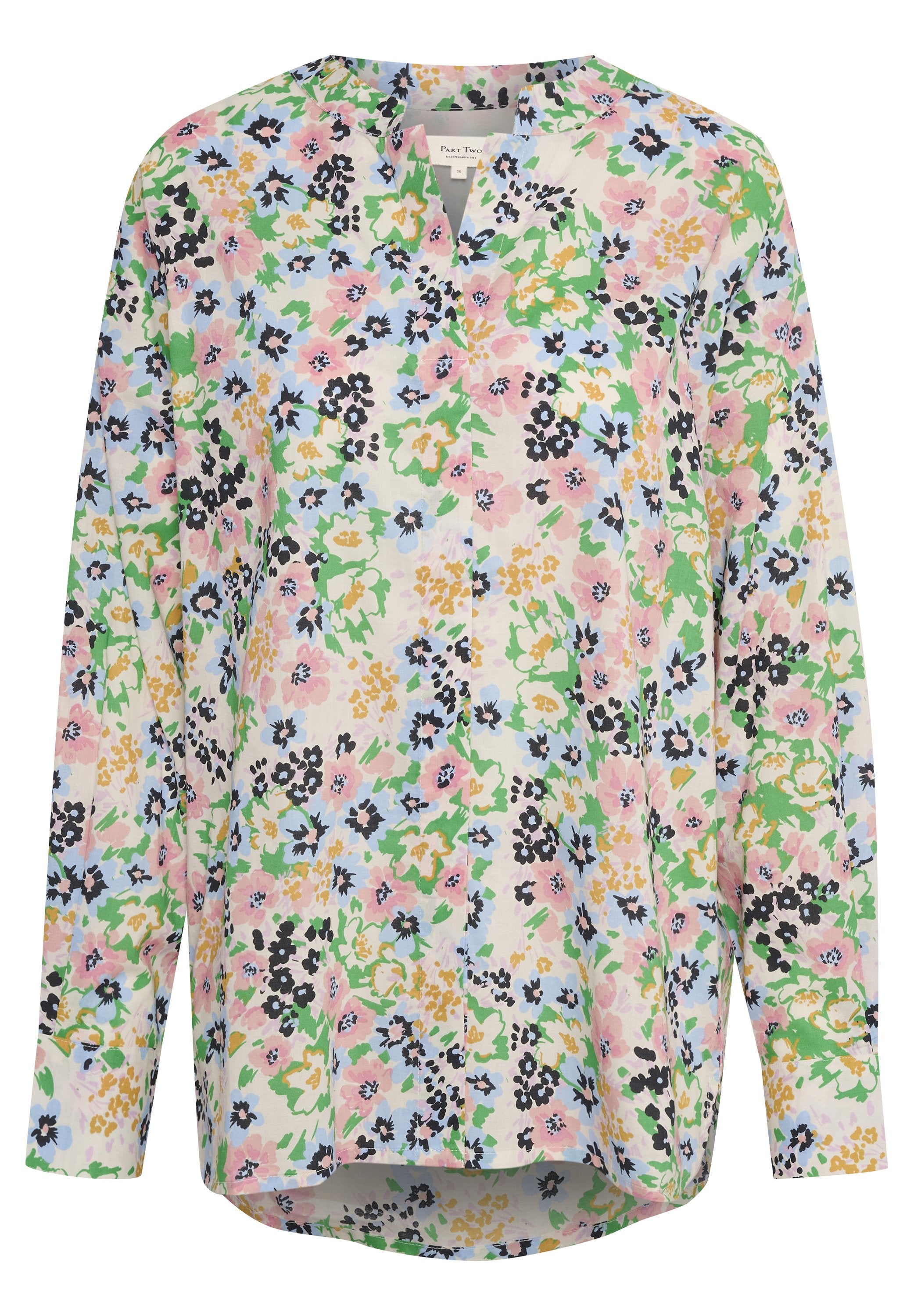 Blumenlangarmshirt aus weichem Stoff. Mit V-Ausschnitt, Pastellfarben (rosa, blau, grün) und einem durchgehenden Blumenmuster. Lockere Passform.