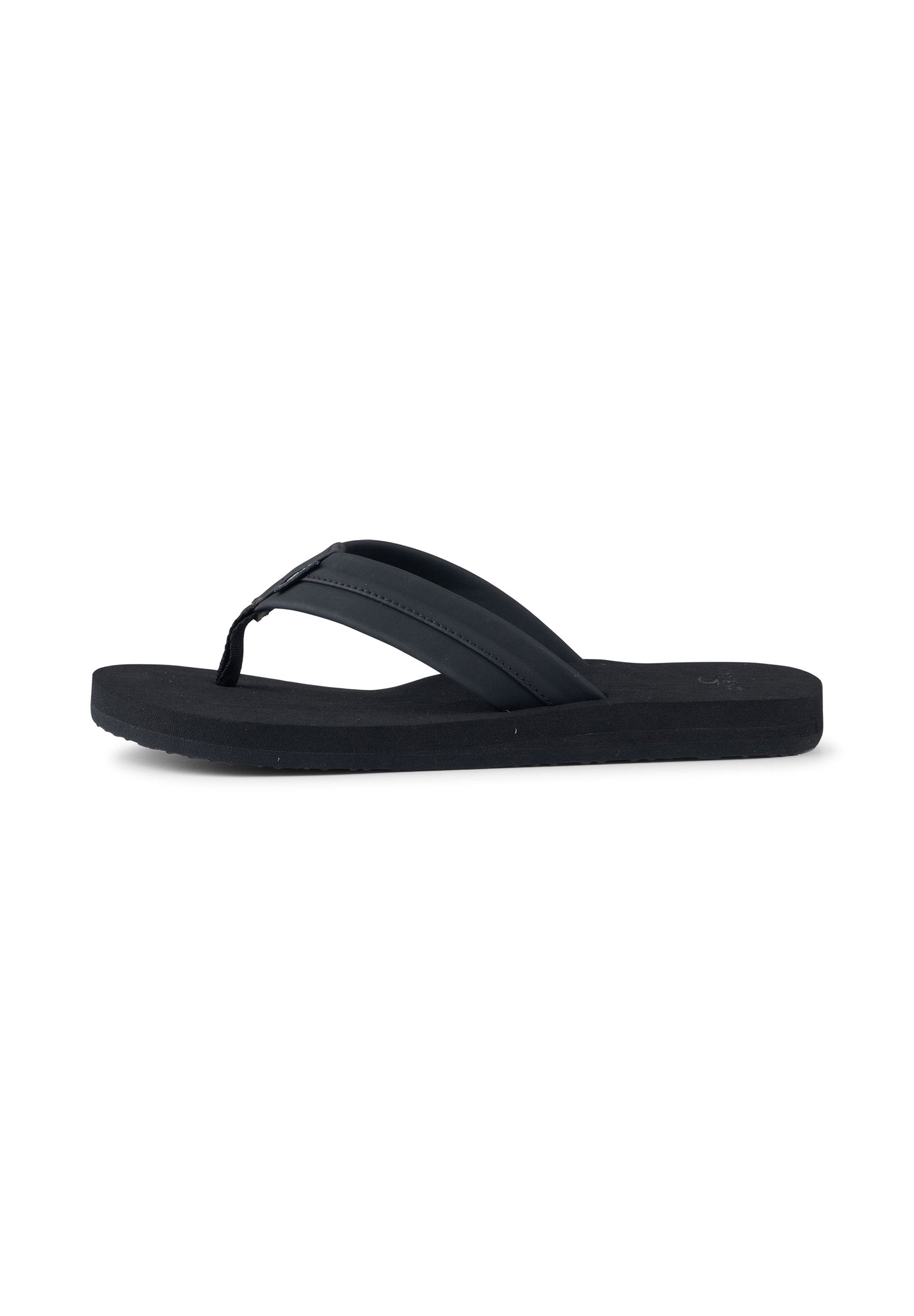 Schwarze Flip-Flop-Sandale mit Gummi-Oberriemen und strukturiertem Fußbett. Sie verfügt über eine flache Sohle, ein einfaches Design und minimalistische Akzentdetails.