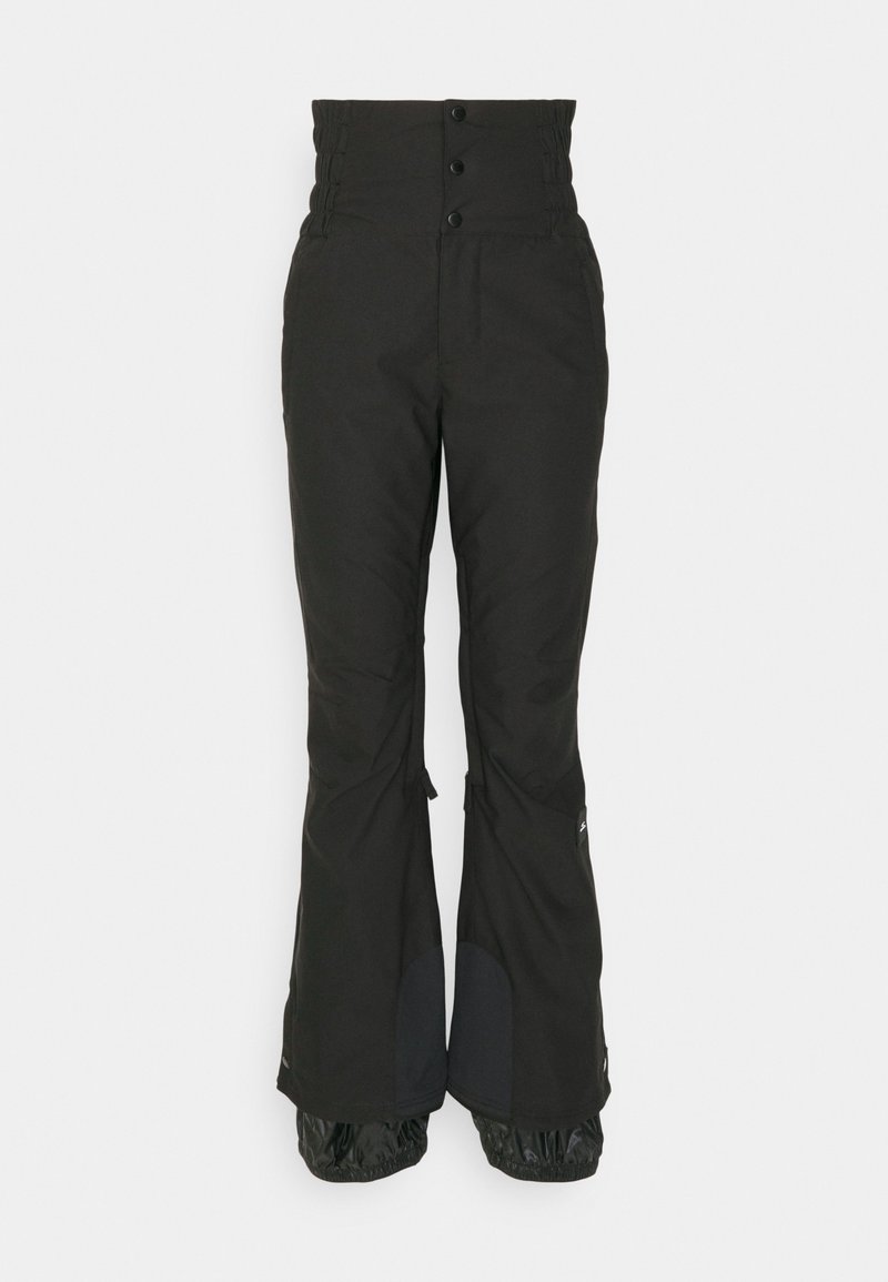 Schwarze Schneehosen mit hoher Taille, Knopfverschluss, elastischem Bund und ausladenden Beinen, die am Saum mit Stoffakzenten versehen sind.