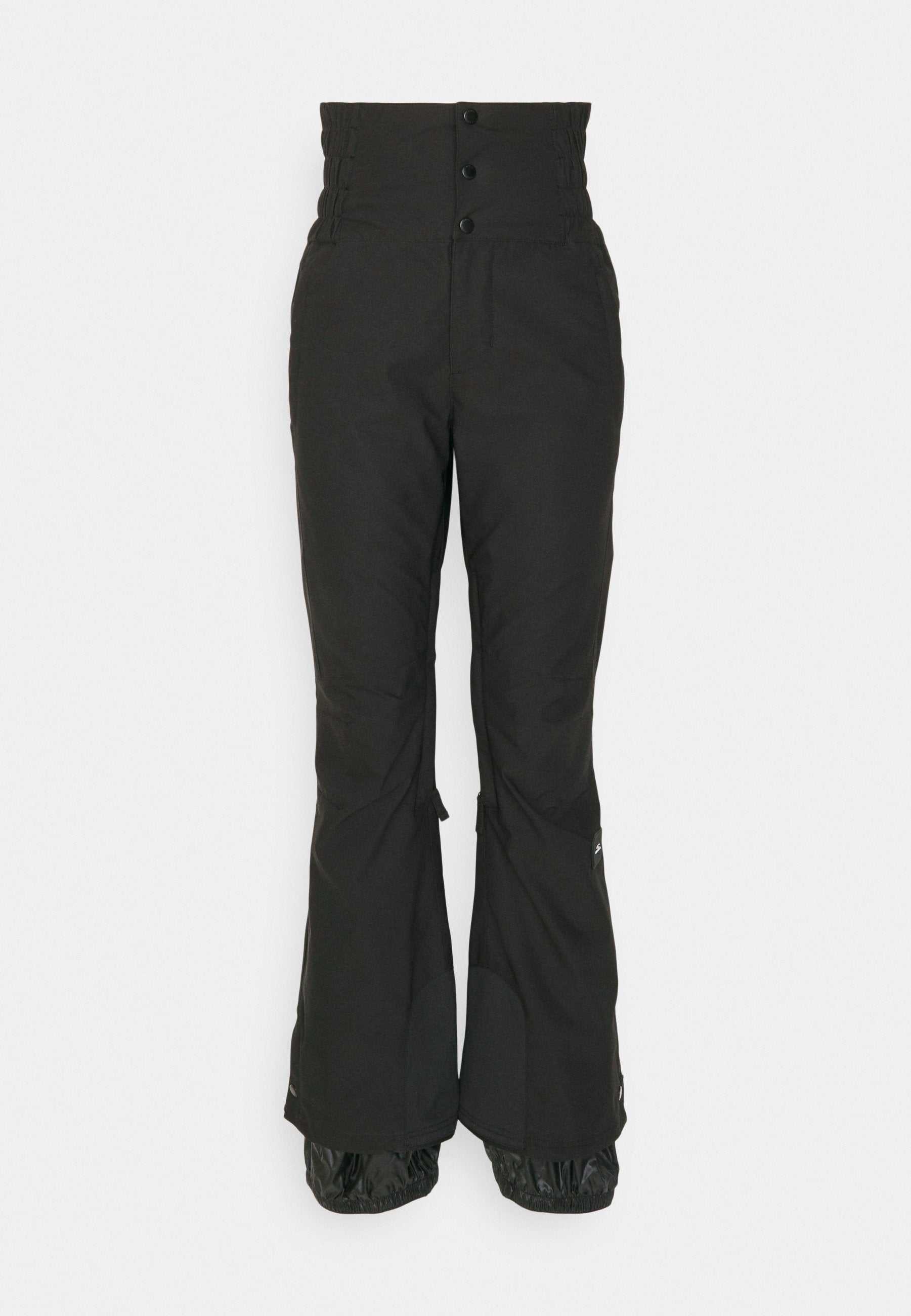 Schwarze Schneehosen mit hoher Taille, Knopfverschluss, elastischem Bund und ausladenden Beinen, die am Saum mit Stoffakzenten versehen sind.